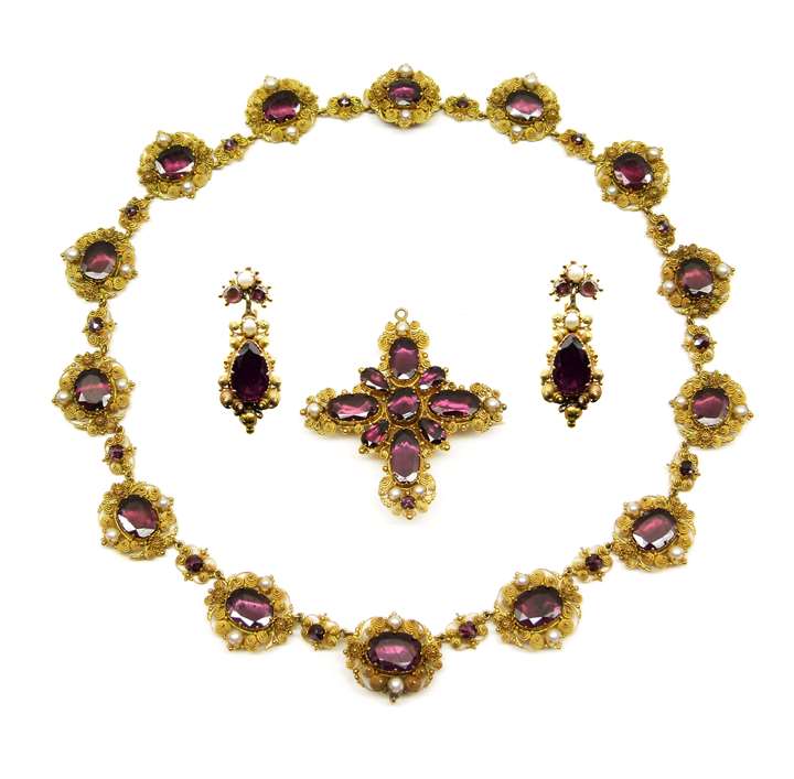 19th century garnet, seed pearl and gold cannetille set of necklace, cross pendant-brooch and pair of earrings